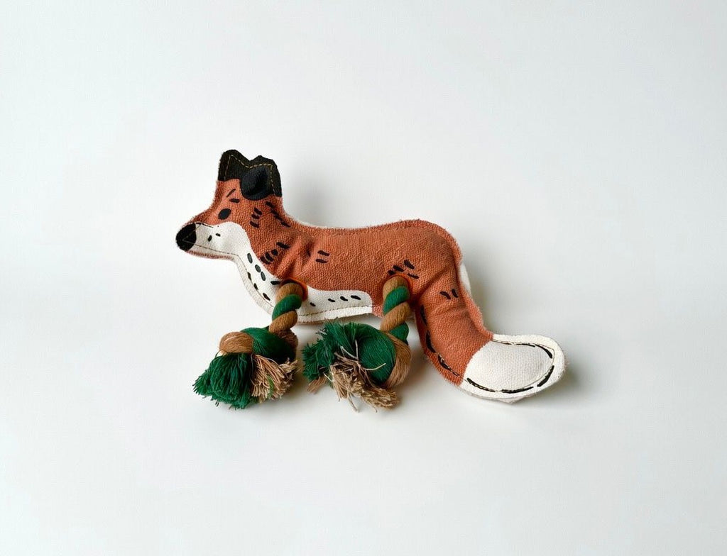 Fox Dog Toy, Internal Squeaker, Rope Legs For Tug Play