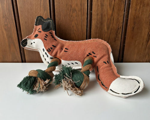 Fox Dog Toy, Internal Squeaker, Rope Legs For Tug Play