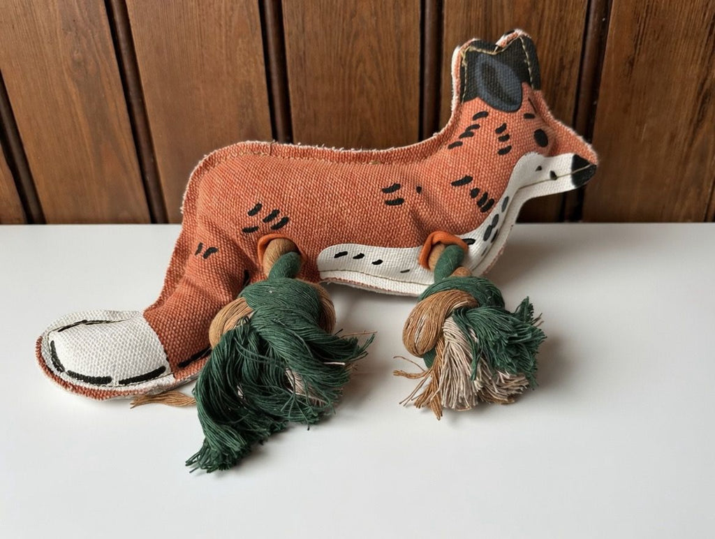 Fox Dog Toy, Internal Squeaker, Rope Legs For Tug Play