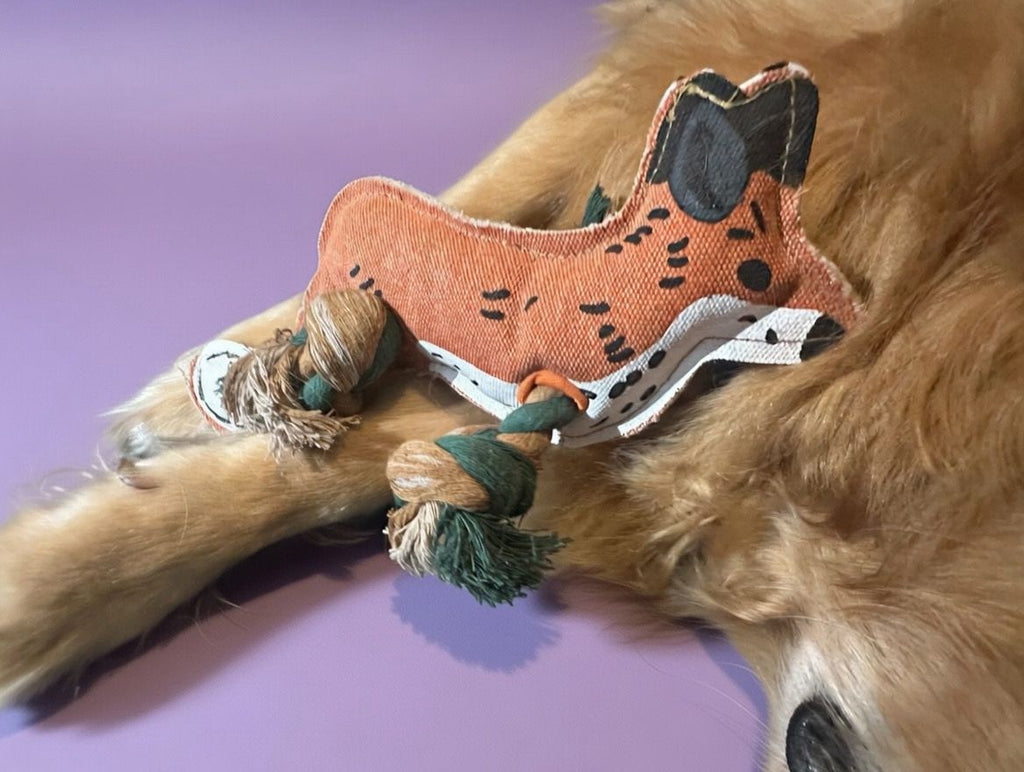 Fox Dog Toy, Internal Squeaker, Rope Legs For Tug Play