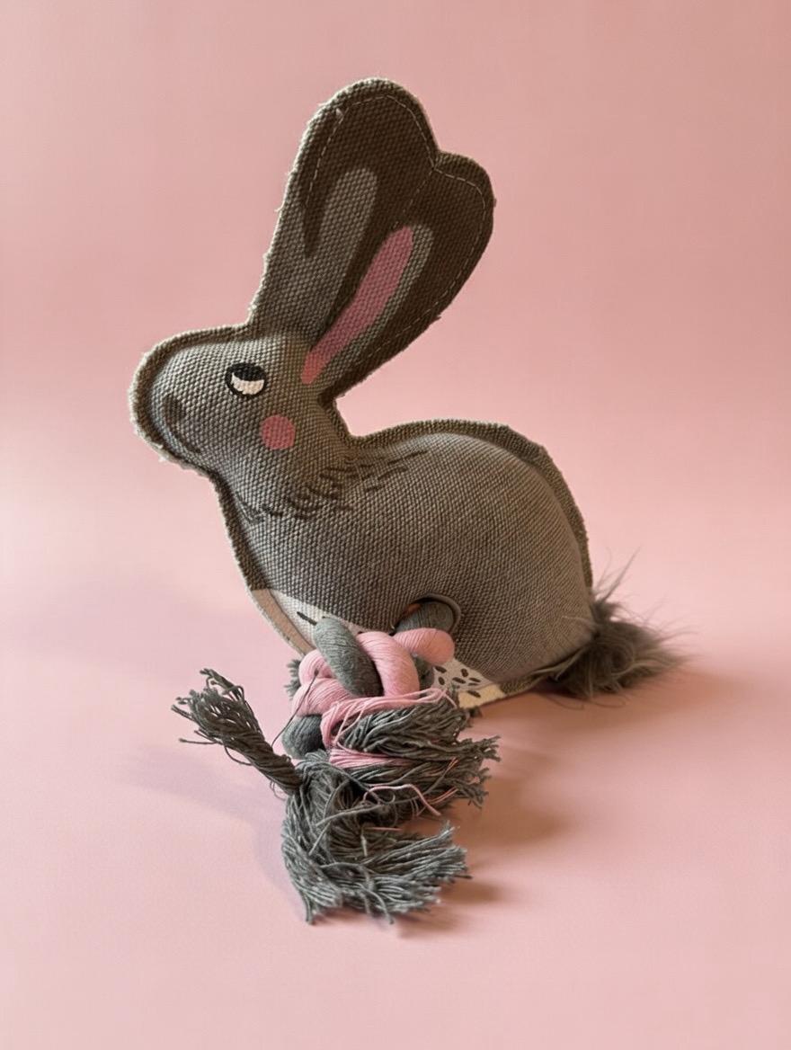 Bunny Dog Toy, Internal Squeaker, Rope Legs For Tug Play