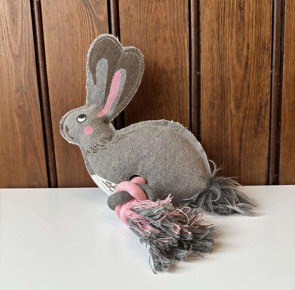Bunny Dog Toy, Internal Squeaker, Rope Legs For Tug Play